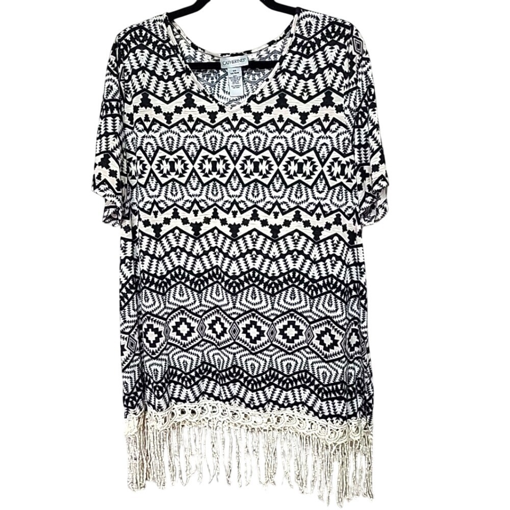 Catherine's Black & White Size‎ 0X 14-16W Geometric Print Fringe Hem Tunic Top